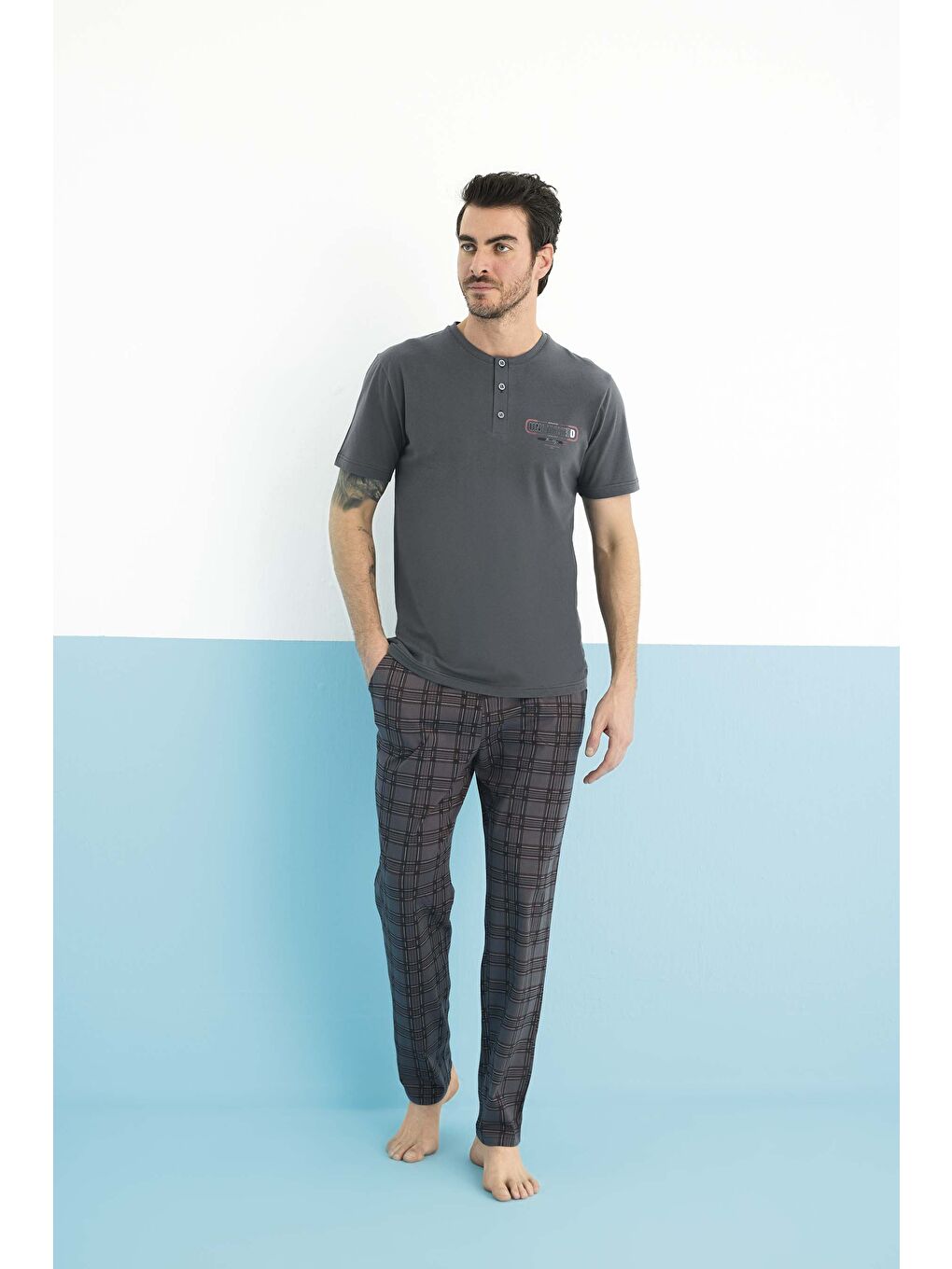 Gri Erkek Penye Bisiklet Yaka Kısa Kol %100 Pamuk Pijama Takım