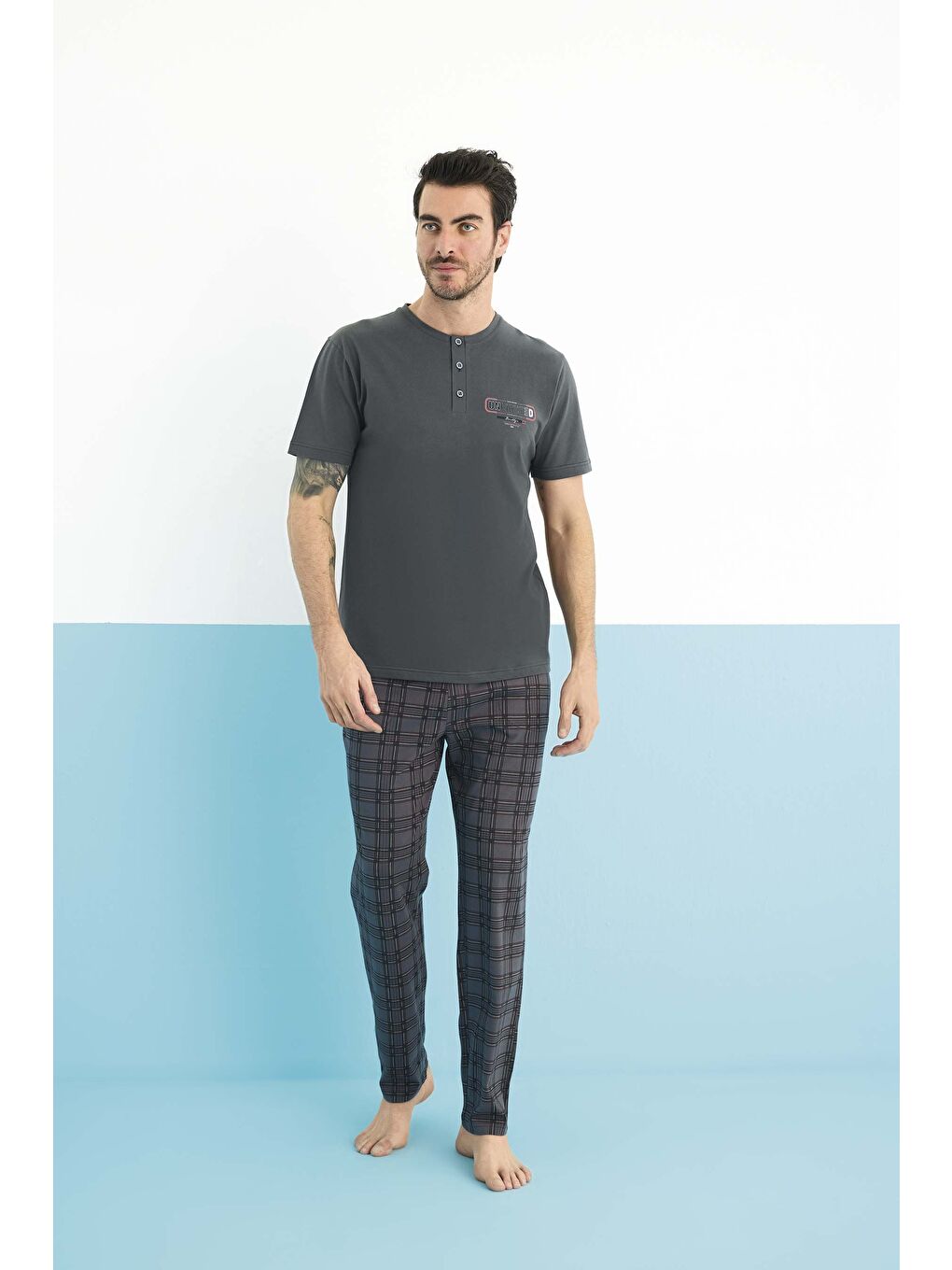 Gri Erkek Penye Bisiklet Yaka Kısa Kol %100 Pamuk Pijama Takım-1