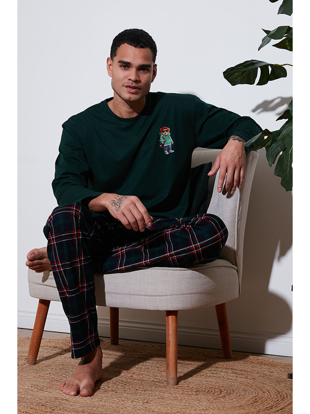 Yeşil Ekoseli Regular Fit Yüksek Bel Cepli Bisiklet Yaka %100 Pamuk Pijama Takımı 6574002-1