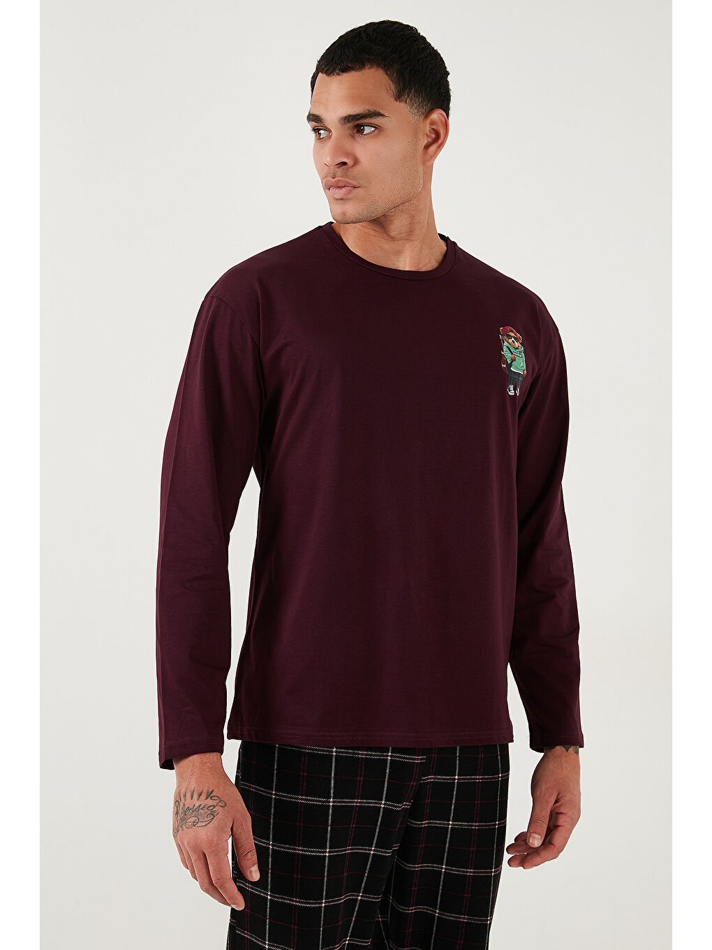 Siyah Ekoseli Regular Fit Yüksek Bel Cepli Bisiklet Yaka %100 Pamuk Pijama Takımı 6574002-4