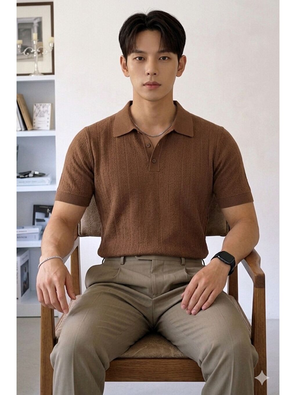 Kahverengi Erkek Triko Polo Yaka Tişört Slim İnce Dokulu Basic Triko T-Shirt-1