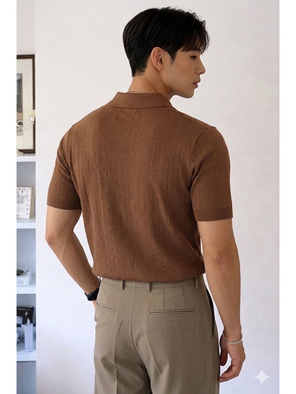 Kahverengi Erkek Triko Polo Yaka Tişört Slim İnce Dokulu Basic Triko T-Shirt-2