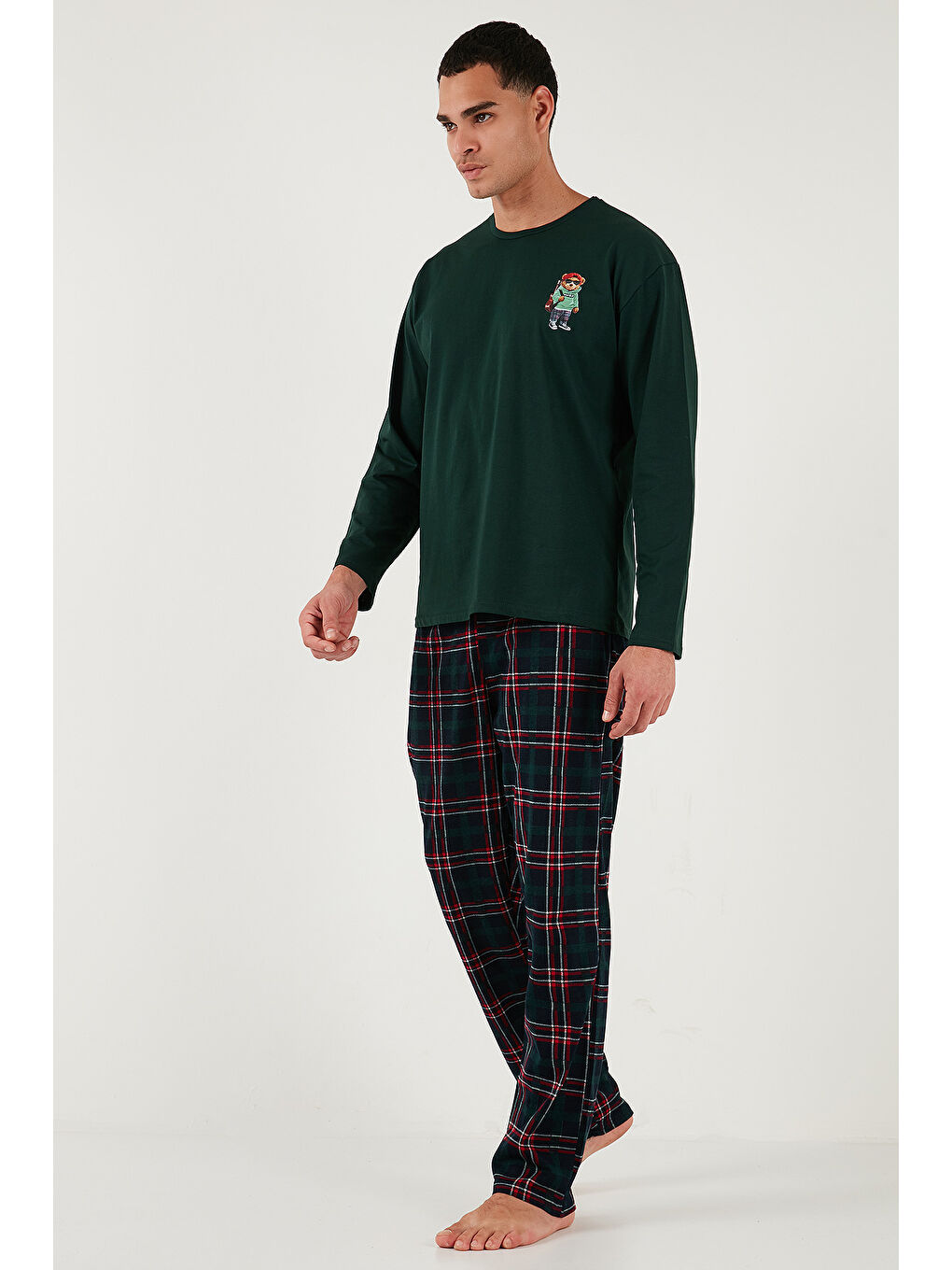 Yeşil Ekoseli Regular Fit Yüksek Bel Cepli Bisiklet Yaka %100 Pamuk Pijama Takımı 6574002-4