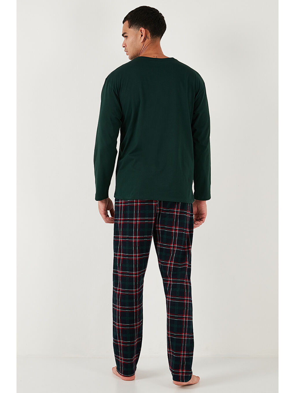 Yeşil Ekoseli Regular Fit Yüksek Bel Cepli Bisiklet Yaka %100 Pamuk Pijama Takımı 6574002-6