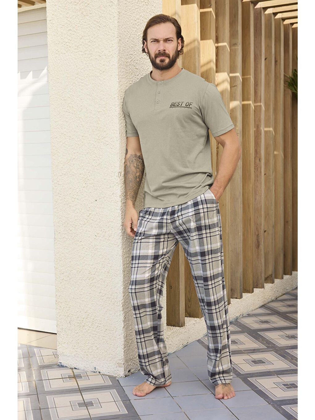 Kahverengi Erkek Penye Bisiklet Yaka Kısa Kol %100 Pamuk Pijama Takım