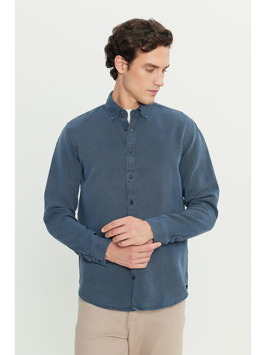 Regular Fit Normal Kesim Keten Pamuk Karışımlı Lacivert Gömlek-1