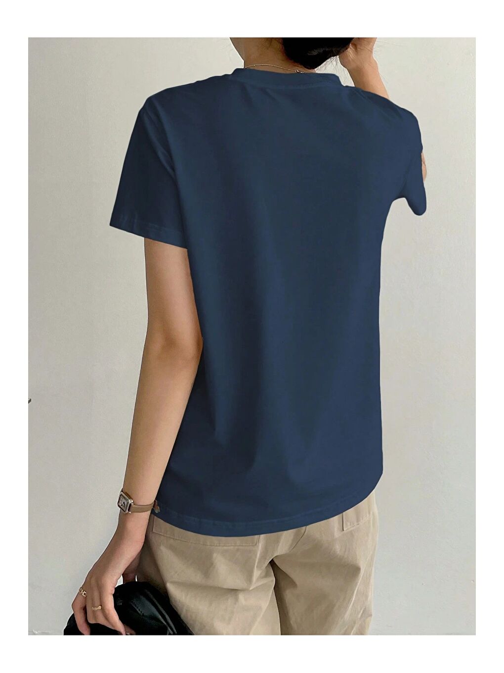 Lacivert Kadın Kısa Kollu Çizgi Detaylı Basic Tişört Süprem Kumaş Yazlık Rahat T-Shirt-3