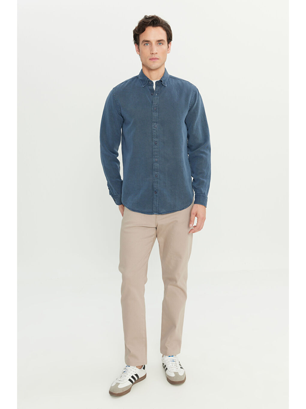 Regular Fit Normal Kesim Keten Pamuk Karışımlı Lacivert Gömlek-2