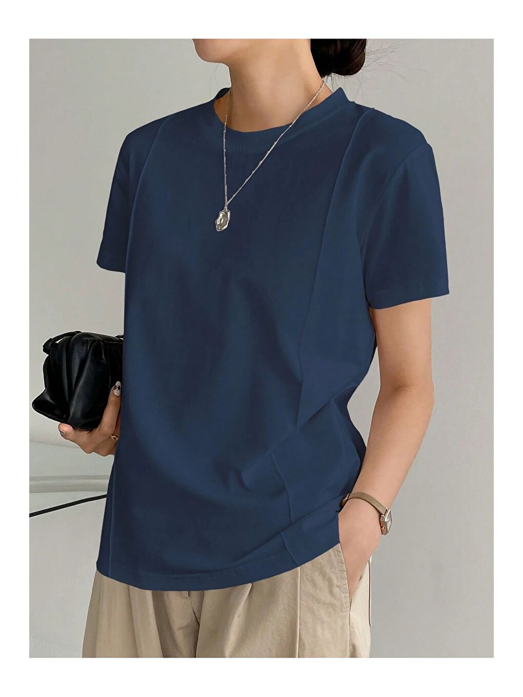 Lacivert Kadın Kısa Kollu Çizgi Detaylı Basic Tişört Süprem Kumaş Yazlık Rahat T-Shirt-4