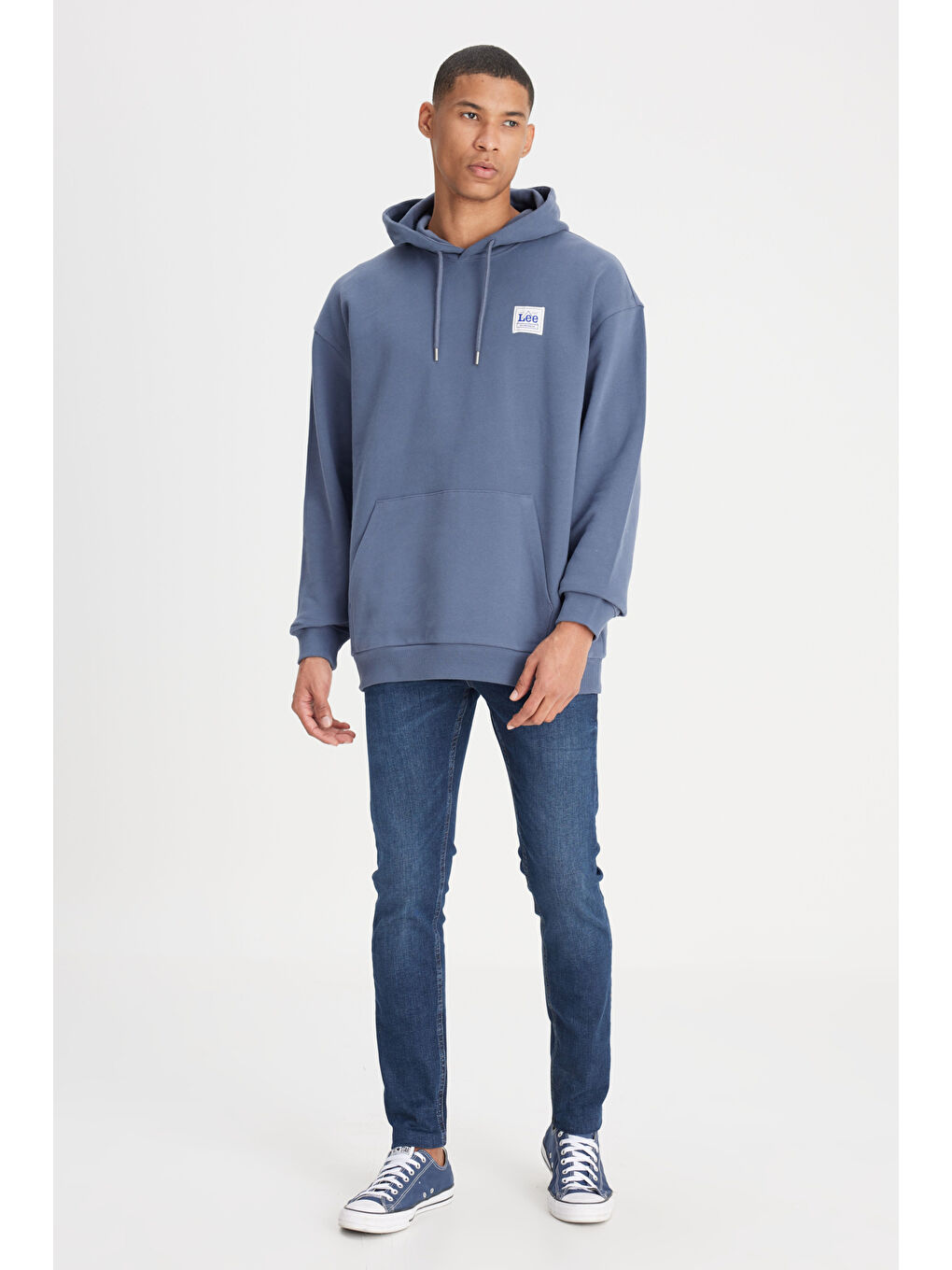 Gri Loose Fit Rahat Kesim %100 Pamuk Kapüşonlu Şardonlu İndigo Sweatshirt-2