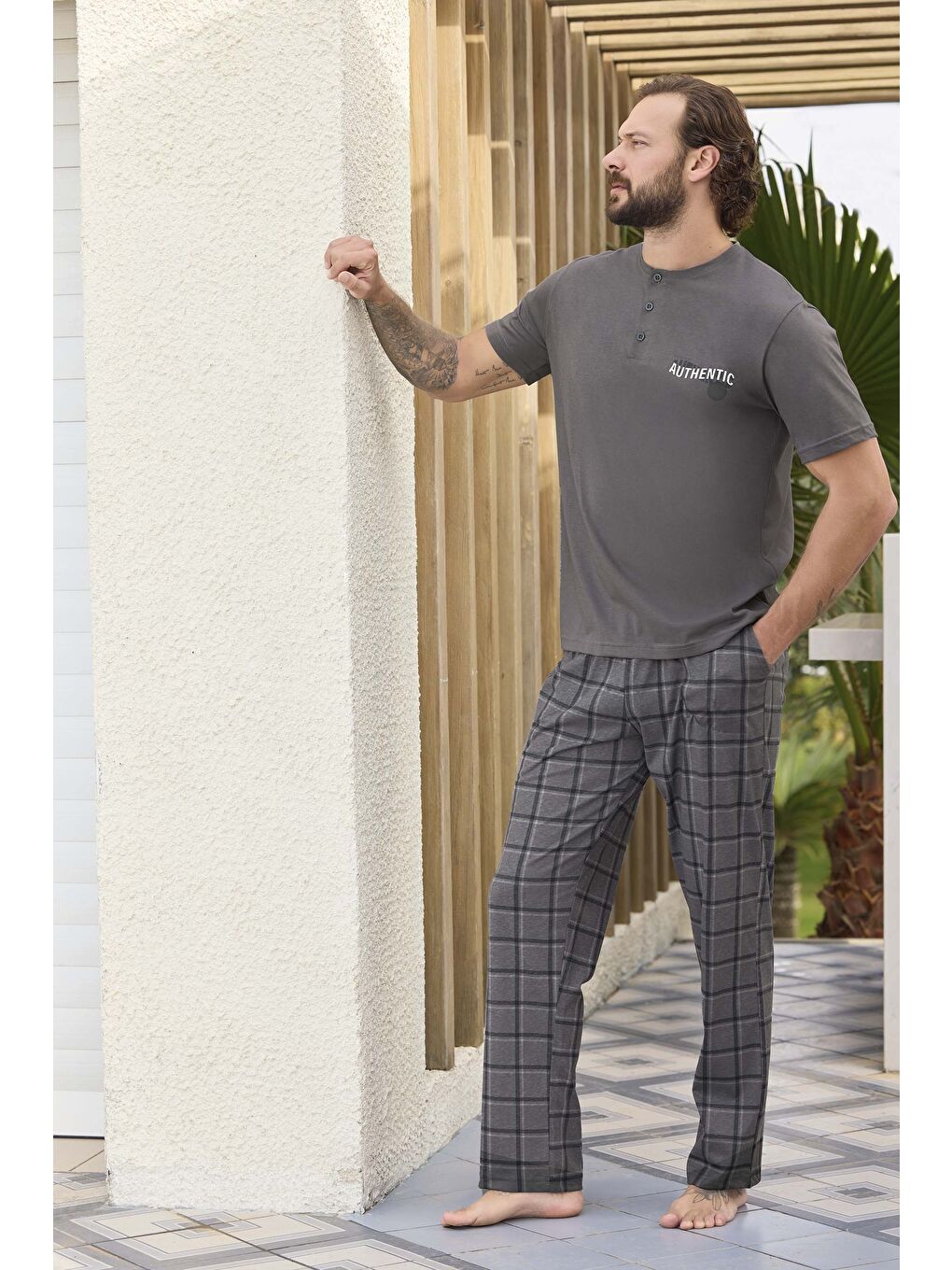 Gri Erkek Penye Bisiklet Yaka Kısa Kol %100 Pamuk Pijama Takım