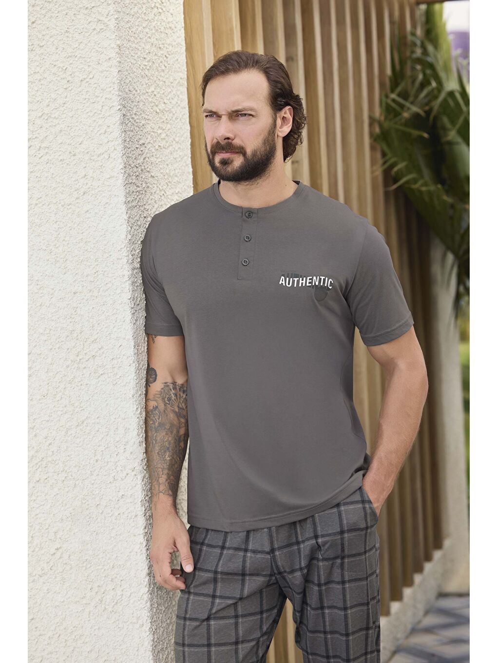 Gri Erkek Penye Bisiklet Yaka Kısa Kol %100 Pamuk Pijama Takım-1