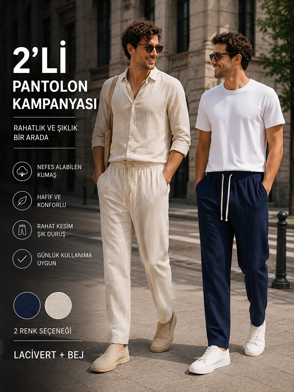 Erkek 2'li Baggy Pantolon Lacivert Bej %100 Pamuk Keten Görünümlü Lastikli Bel Rahat Kalıp Pa