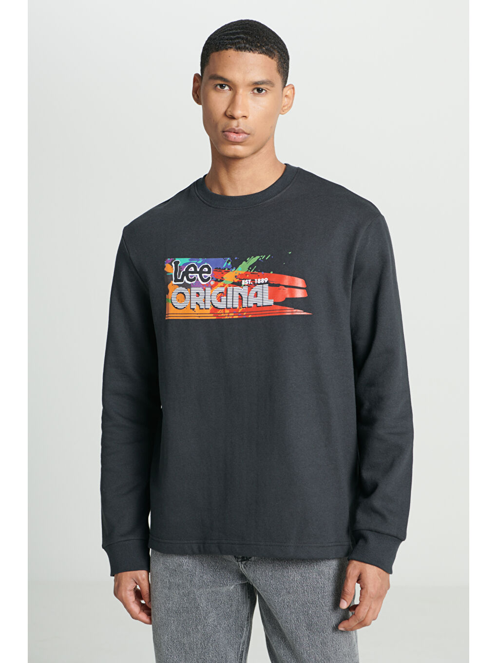 Regular Fit Normal Kesim Bisiklet Yaka Şardonlu Siyah Sweatshirt