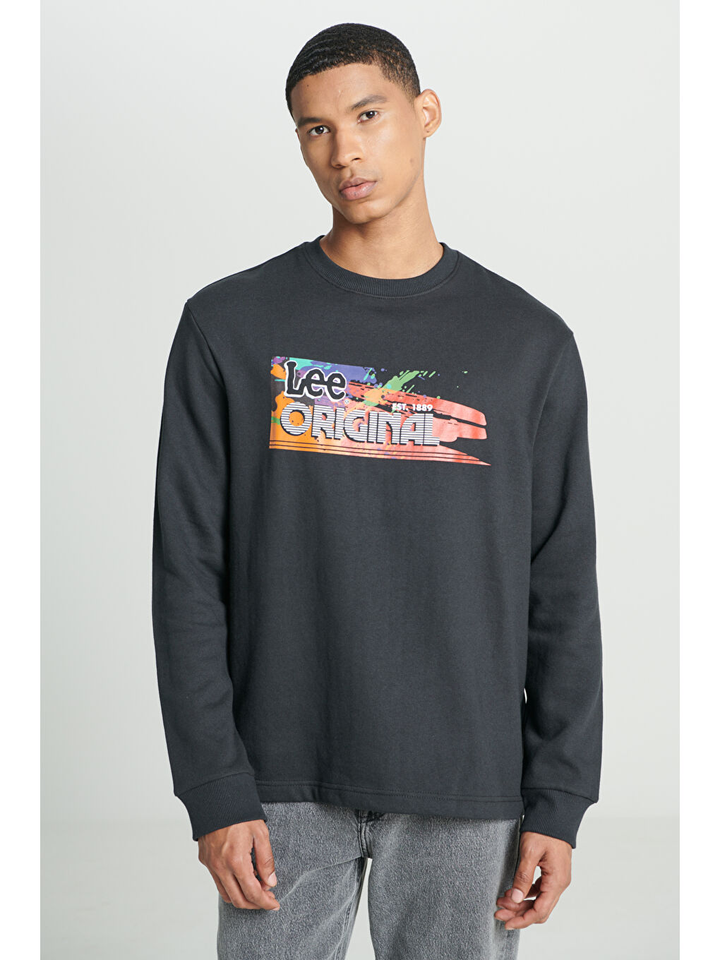 Regular Fit Normal Kesim Bisiklet Yaka Şardonlu Siyah Sweatshirt-1