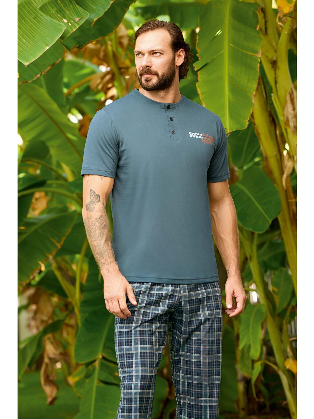 Petrol Erkek Penye Bisiklet Yaka Kısa Kol %100 Pamuk Pijama Takım-1