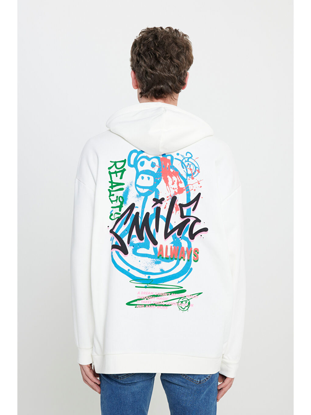 Loose Fit Rahat Kesim Kapüşonlu İçi Polarlı Sırt Baskılı Kırık Beyaz Sweatshirt-1