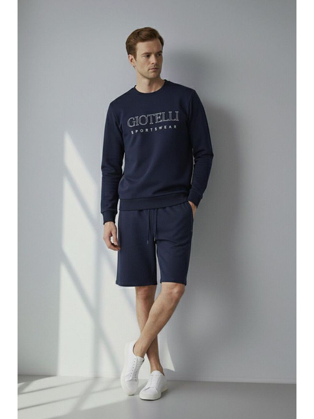 Lacivert Regular Fit Baskılı Bisiklet Yaka Şortlu Takım