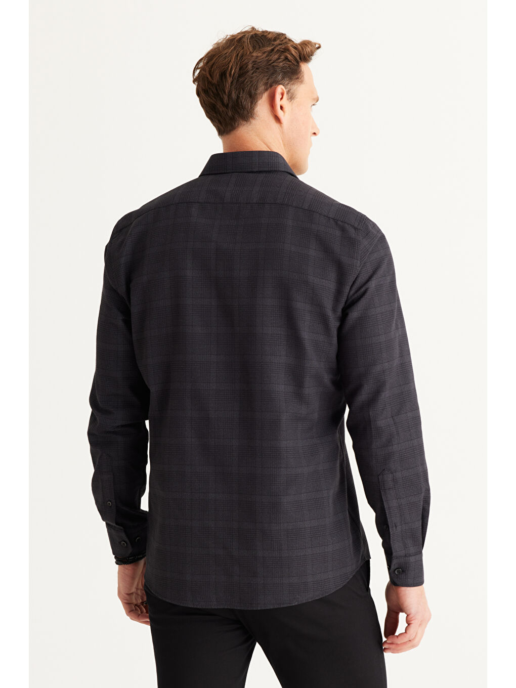 Erkek Siyah Slim Fit Dar Kesim Klasik Yaka Pamuklu Kareli Gömlek-4