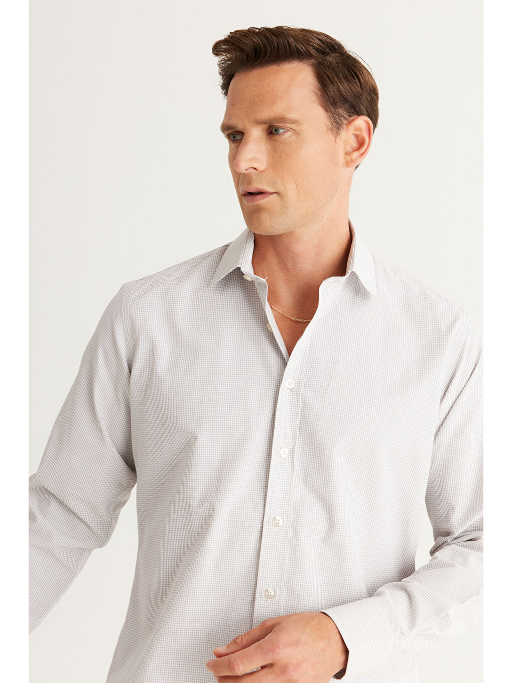 Erkek Beyaz-Bej Comfort Fit Rahat Kesim Klasik Yaka Kareli Pamuklu Gömlek-2