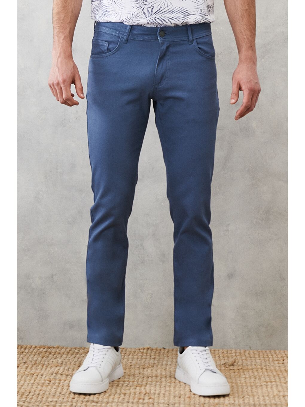 Erkek Petrol Slim Fit Dar Kesim Armürlü 5 Cepli Casual Pantolon