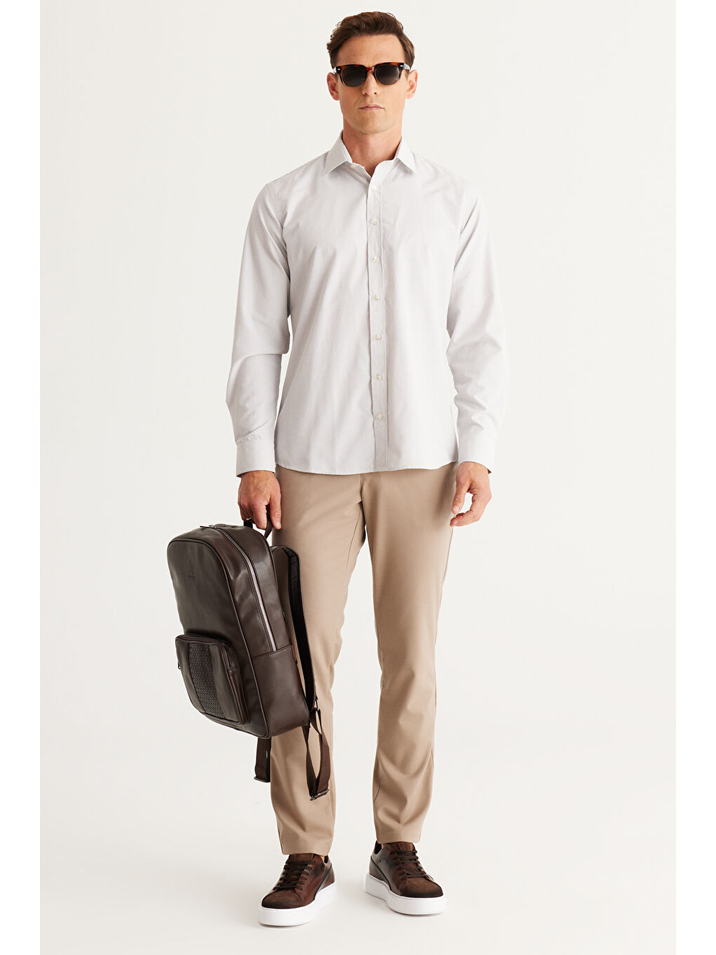 Erkek Beyaz-Bej Comfort Fit Rahat Kesim Klasik Yaka Kareli Pamuklu Gömlek-3