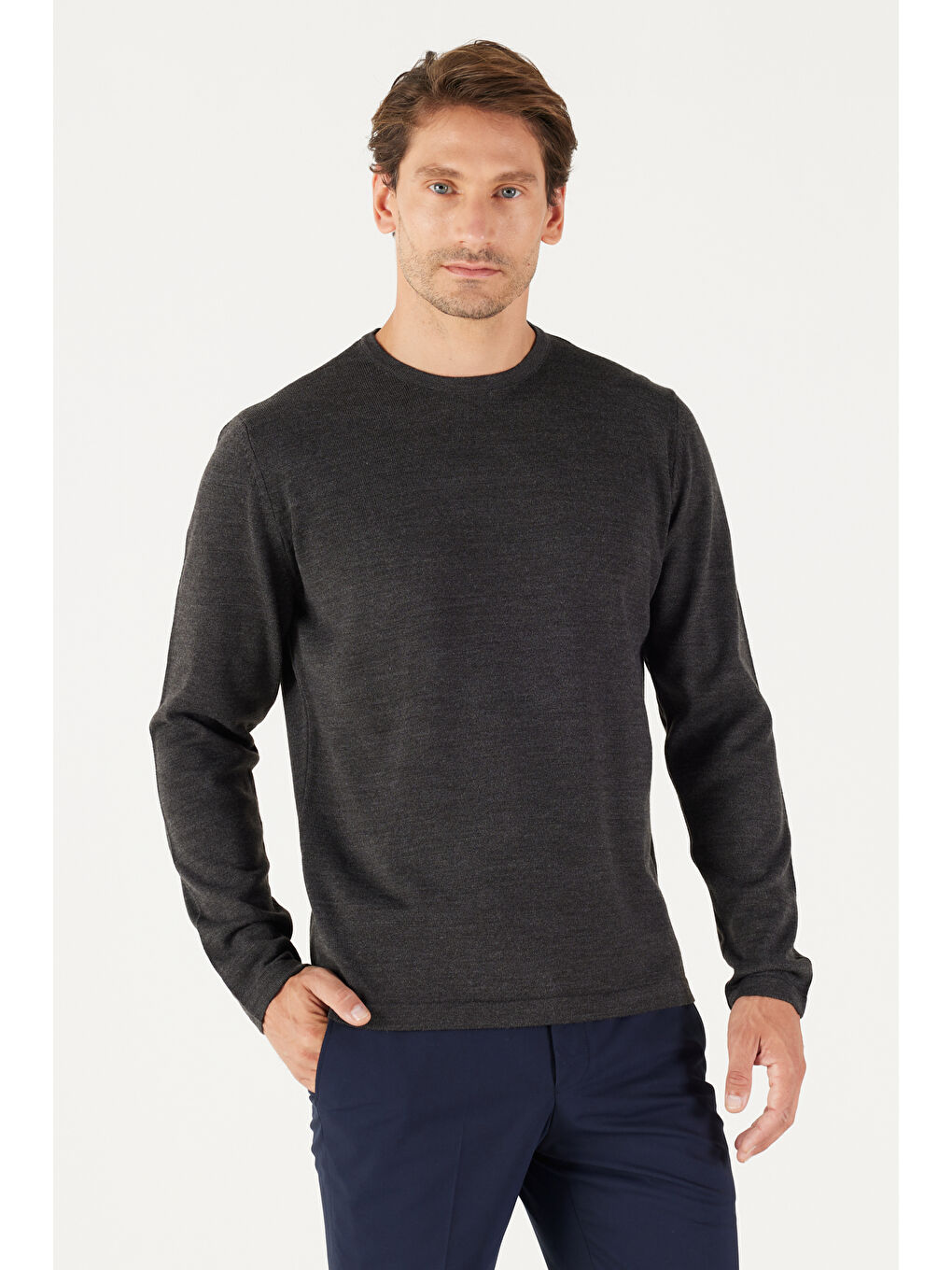 Erkek Antrasit-Melanj Standart Fit Normal Kesim Bisiklet Yaka Triko Kazak