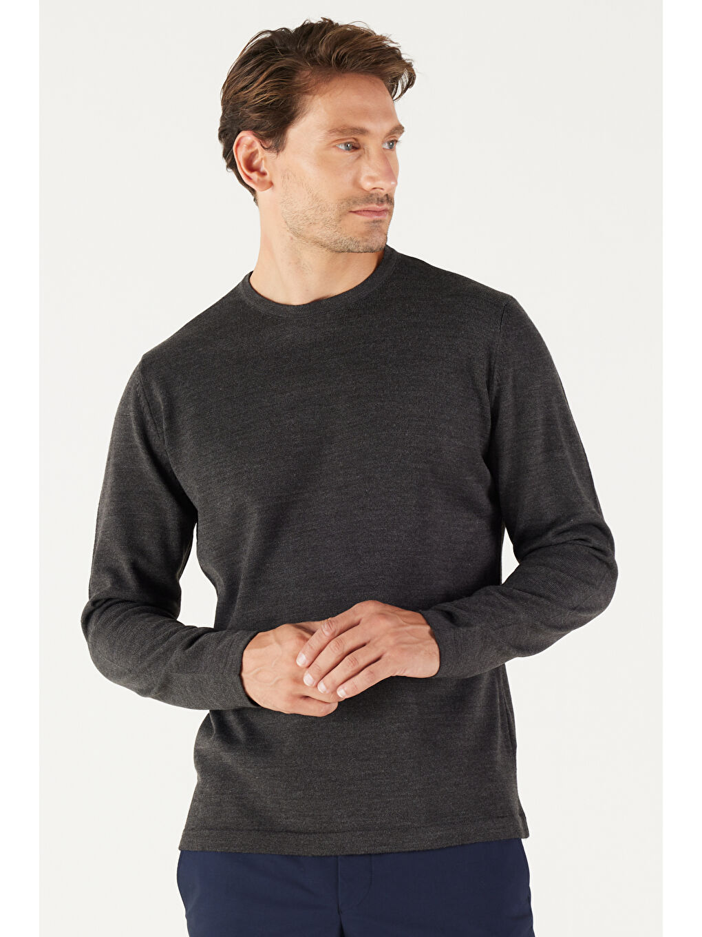 Erkek Antrasit-Melanj Standart Fit Normal Kesim Bisiklet Yaka Triko Kazak-1