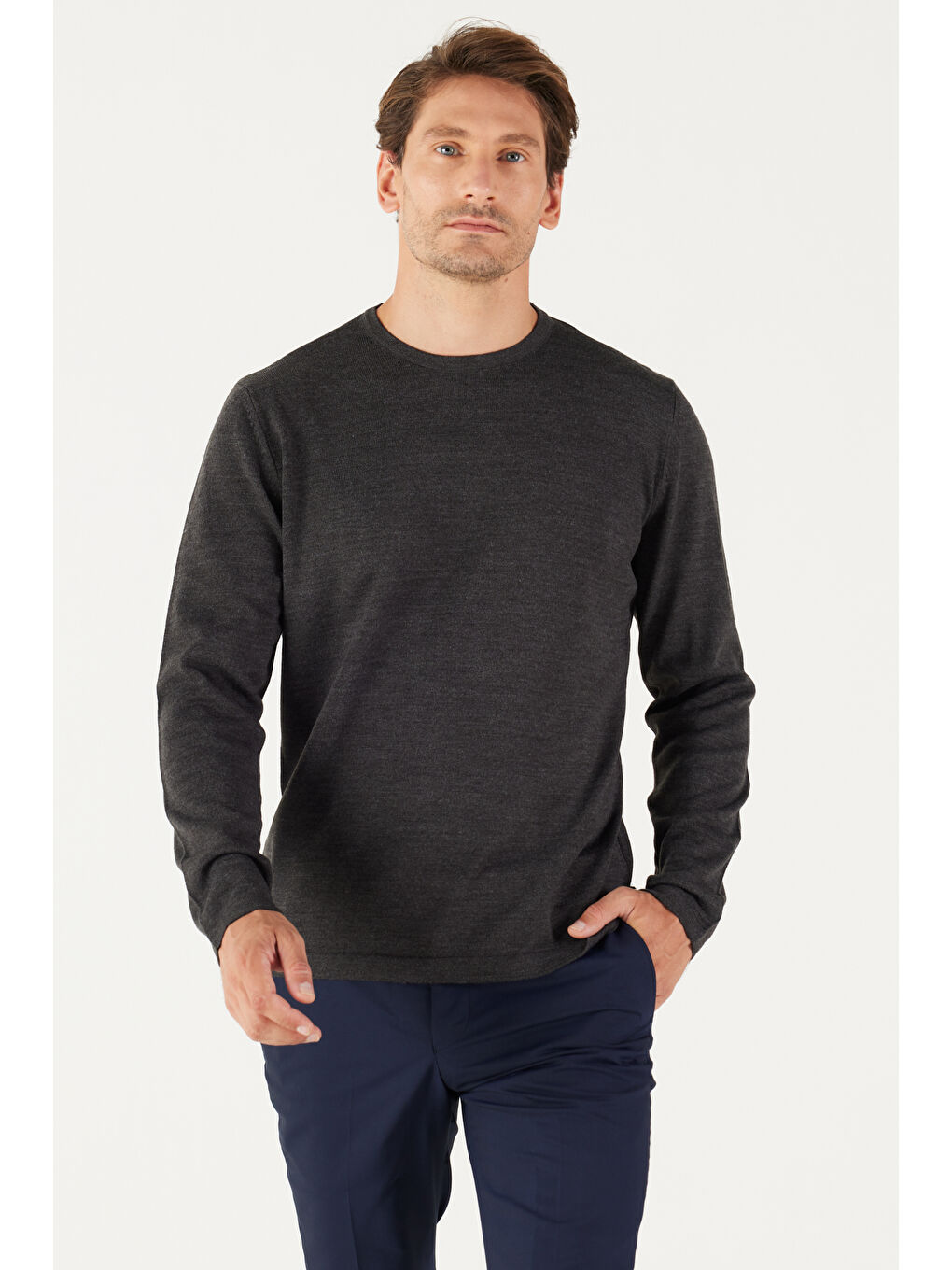 Erkek Antrasit-Melanj Standart Fit Normal Kesim Bisiklet Yaka Triko Kazak-2