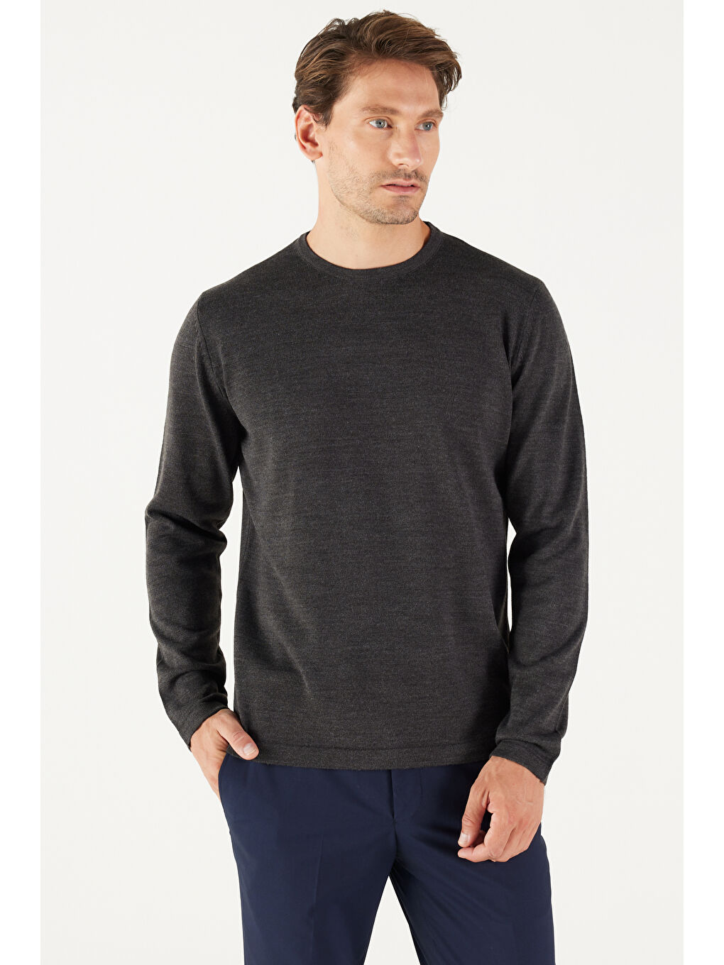 Erkek Antrasit-Melanj Standart Fit Normal Kesim Bisiklet Yaka Triko Kazak-3