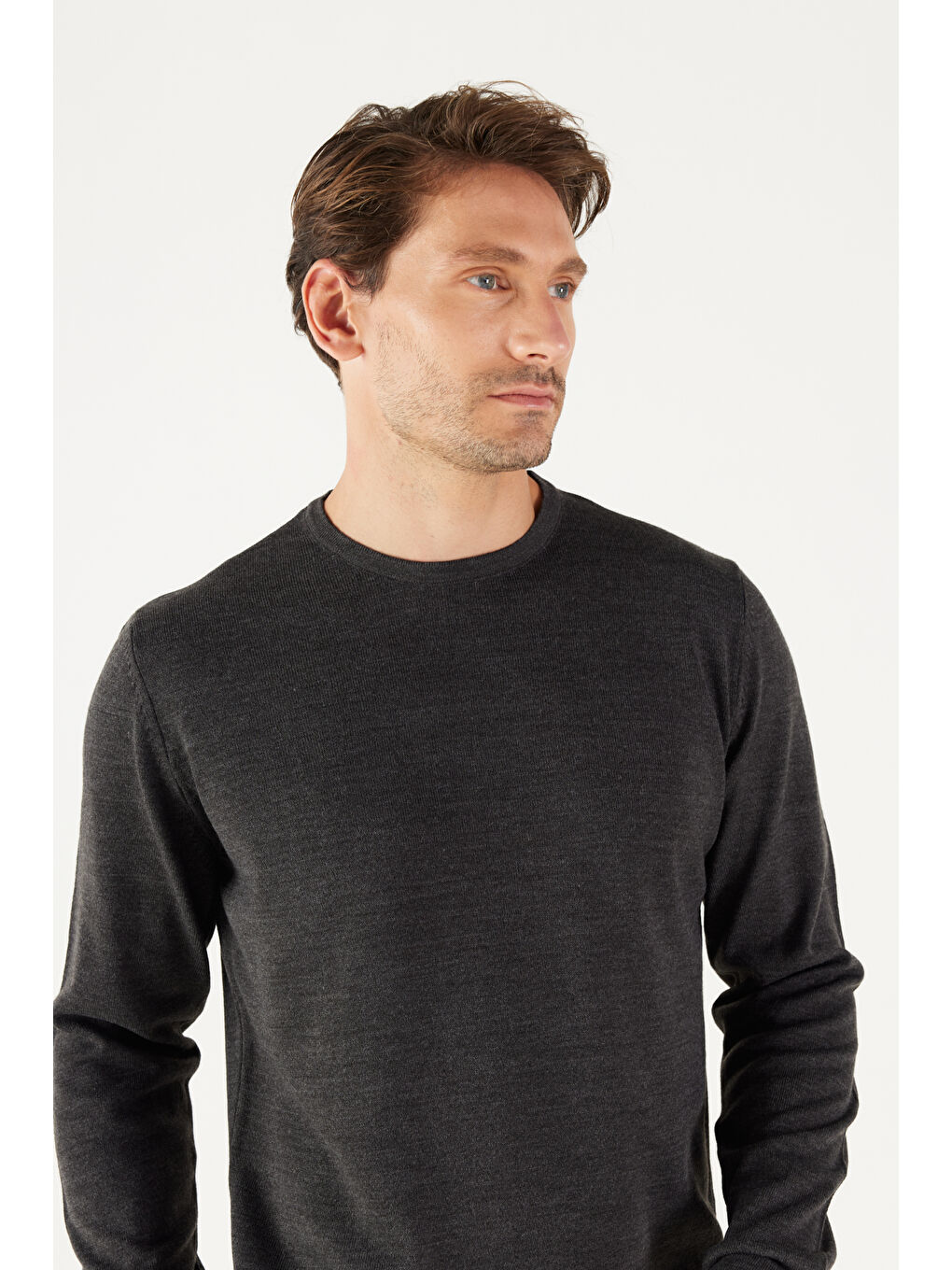 Erkek Antrasit-Melanj Standart Fit Normal Kesim Bisiklet Yaka Triko Kazak-4