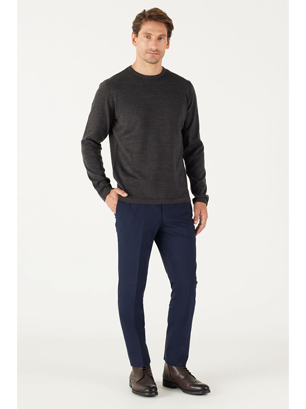 Erkek Antrasit-Melanj Standart Fit Normal Kesim Bisiklet Yaka Triko Kazak-5