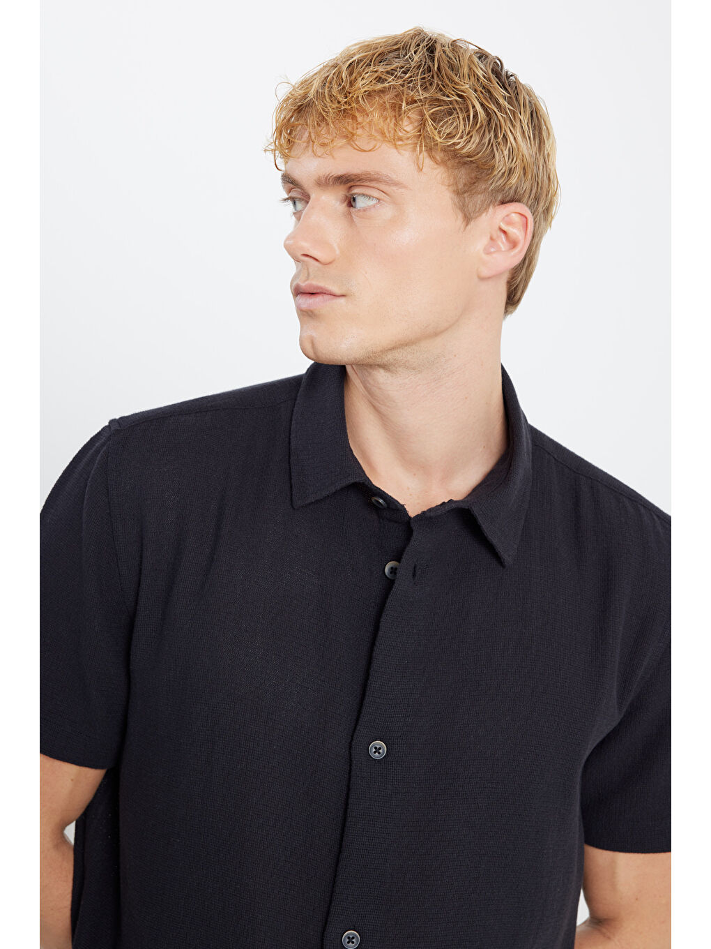 %100 Pamuk Relaxed Fit Geniş Kesim Kısa Kollu Siyah Gömlek-3