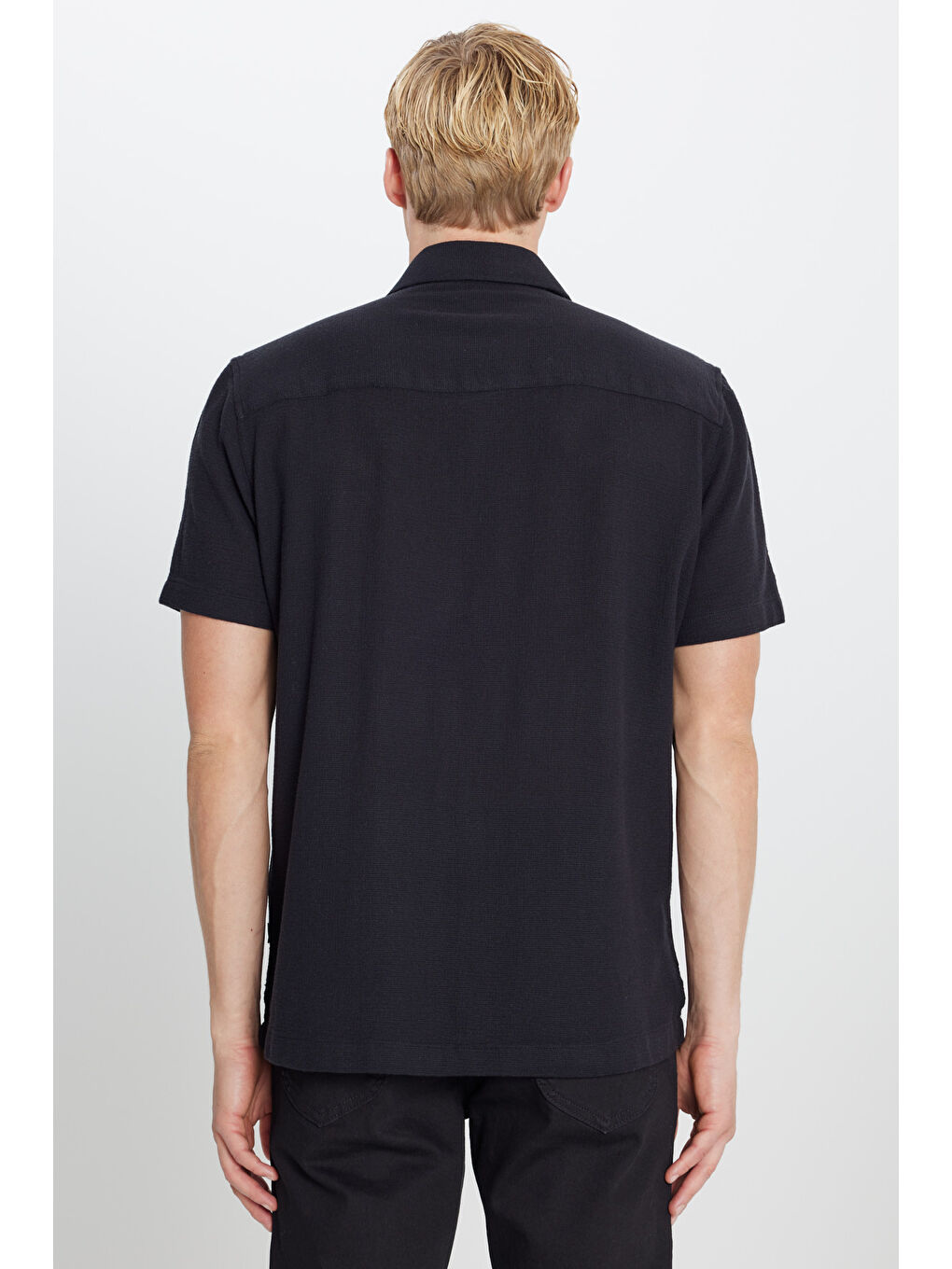 %100 Pamuk Relaxed Fit Geniş Kesim Kısa Kollu Siyah Gömlek-4