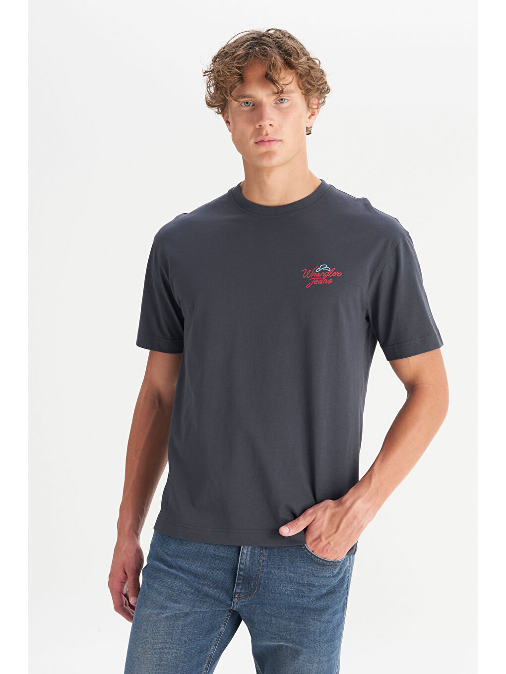 Antrasit %100 Pamuk Relaxed Fit Rahat Kesim Bisiklet Yaka Logo Detaylı Tişört