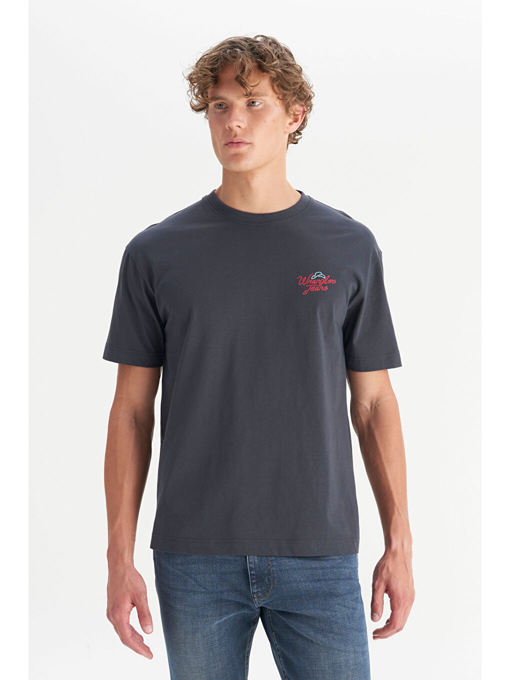 Antrasit %100 Pamuk Relaxed Fit Rahat Kesim Bisiklet Yaka Logo Detaylı Tişört-2