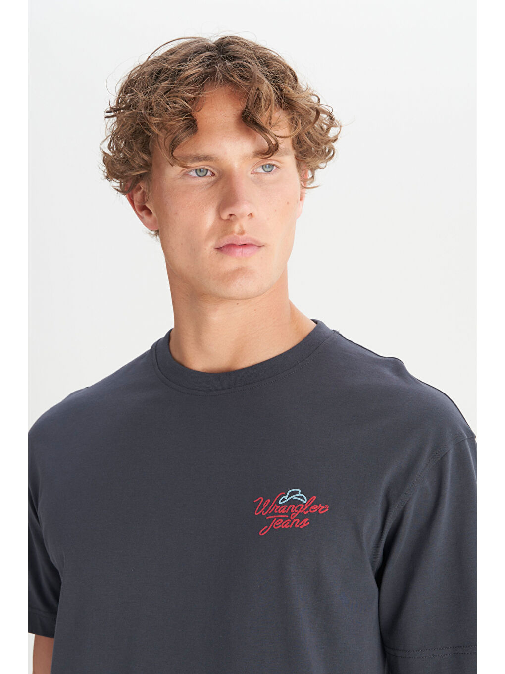 Antrasit %100 Pamuk Relaxed Fit Rahat Kesim Bisiklet Yaka Logo Detaylı Tişört-3