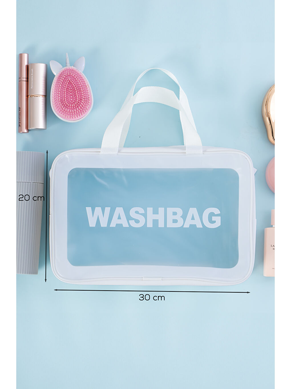 3142-1 Şeffaf - Beyaz Seyahat ve Makyaj Çantası Su Geçirmez Organizer Washbag 20x30cm-1