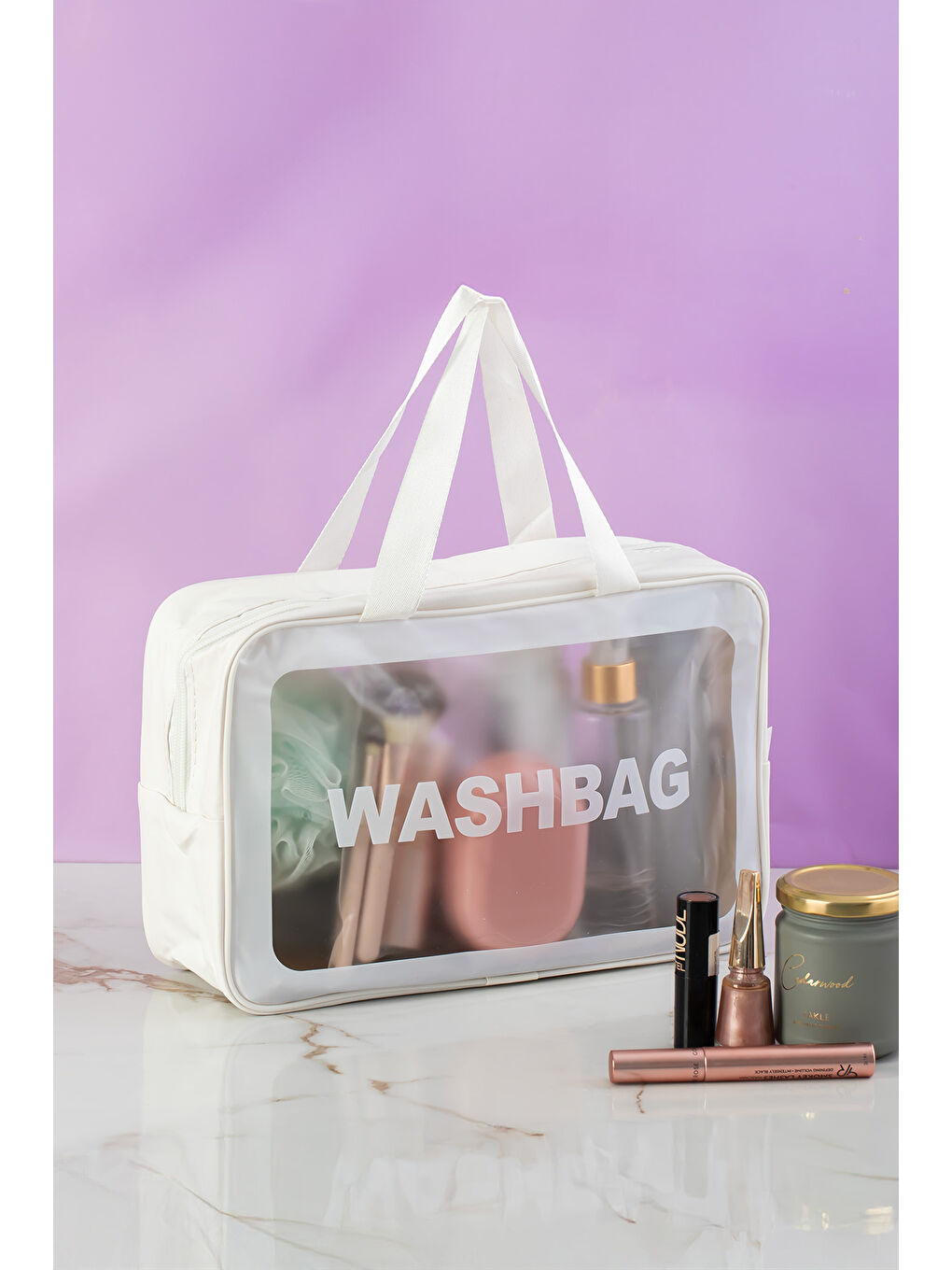 3142-1 Şeffaf - Beyaz Seyahat ve Makyaj Çantası Su Geçirmez Organizer Washbag 20x30cm-2
