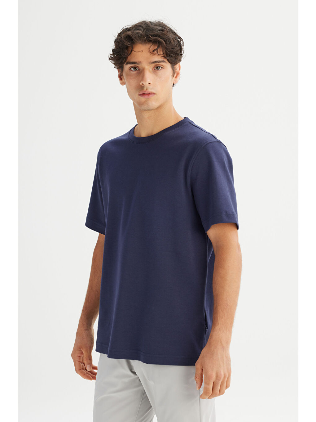 %100 Pamuk Regular Fit Normal Kesim Bisiklet Yaka Lacivert Basic Tişört