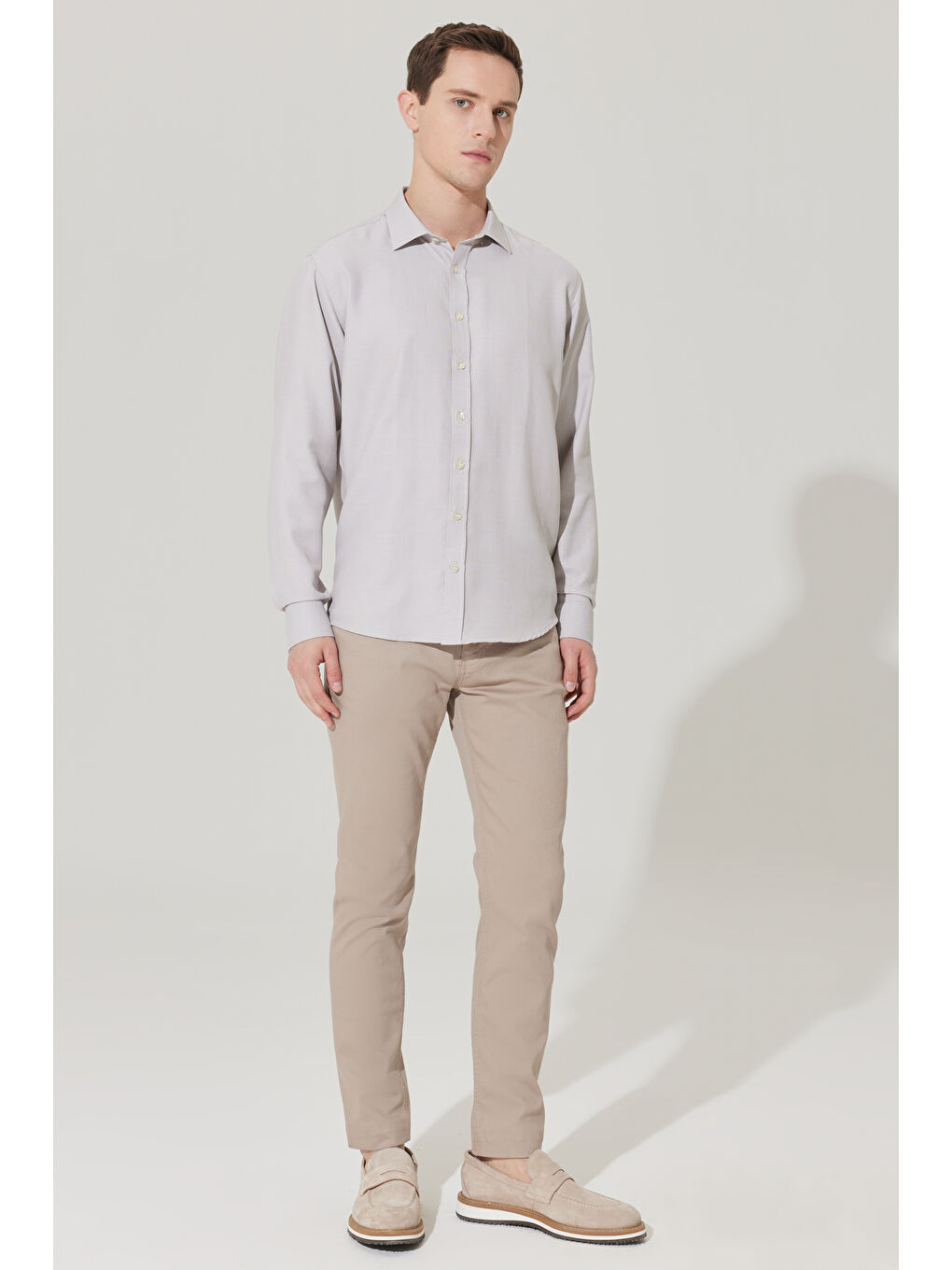 Erkek Bej Slim Fit Dar Kesim Klasik Yaka Pamuklu Armürlü Gömlek-1