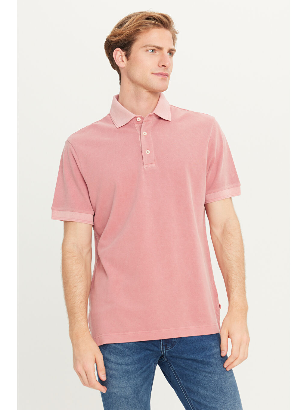 %100 Pamuk Regular Fit Normal Kesim Pembe Polo Yaka Tişört-1