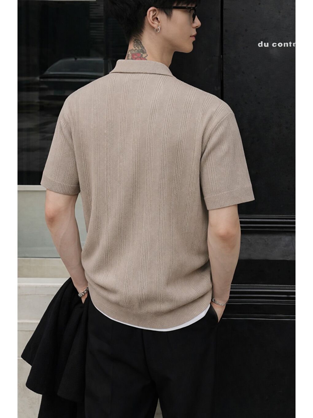 Bej Çizgili Erkek Triko Gömlek Yaka Hırka Yazlık Rahat Kesim-1