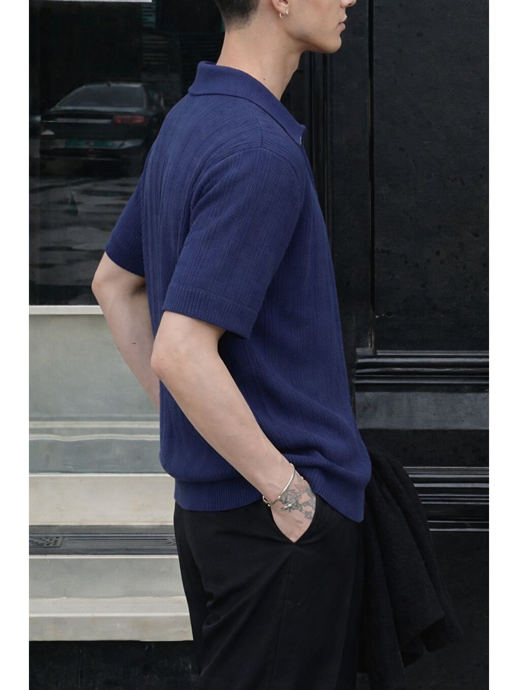 Lacivert Çizgili Erkek Triko Gömlek Yaka Hırka Yazlık Rahat Kesim-1