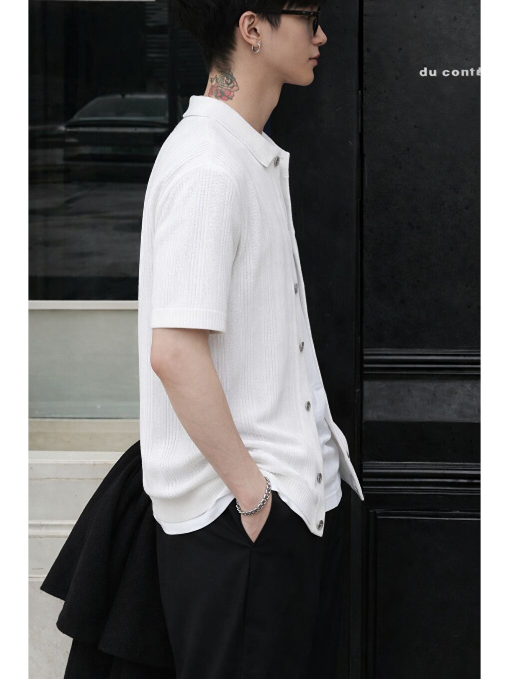 Beyaz Çizgili Erkek Triko Gömlek Yaka Hırka Yazlık Rahat Kesim-1