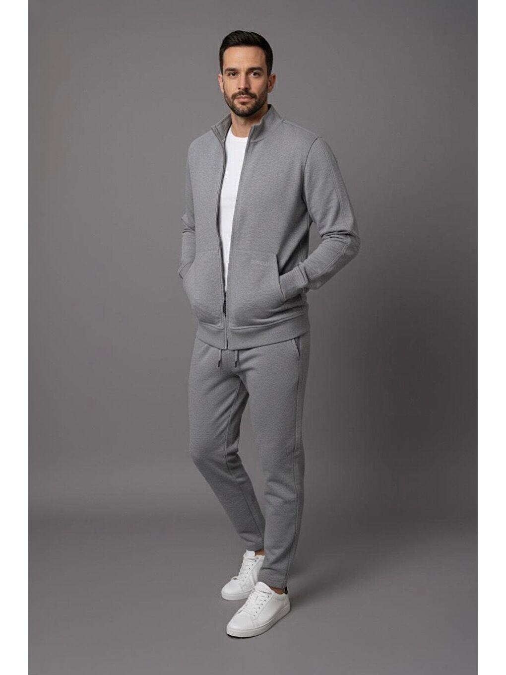 Gri Melanj Regular Fit Pamuklu Fermuarlı Eşofman Takımı