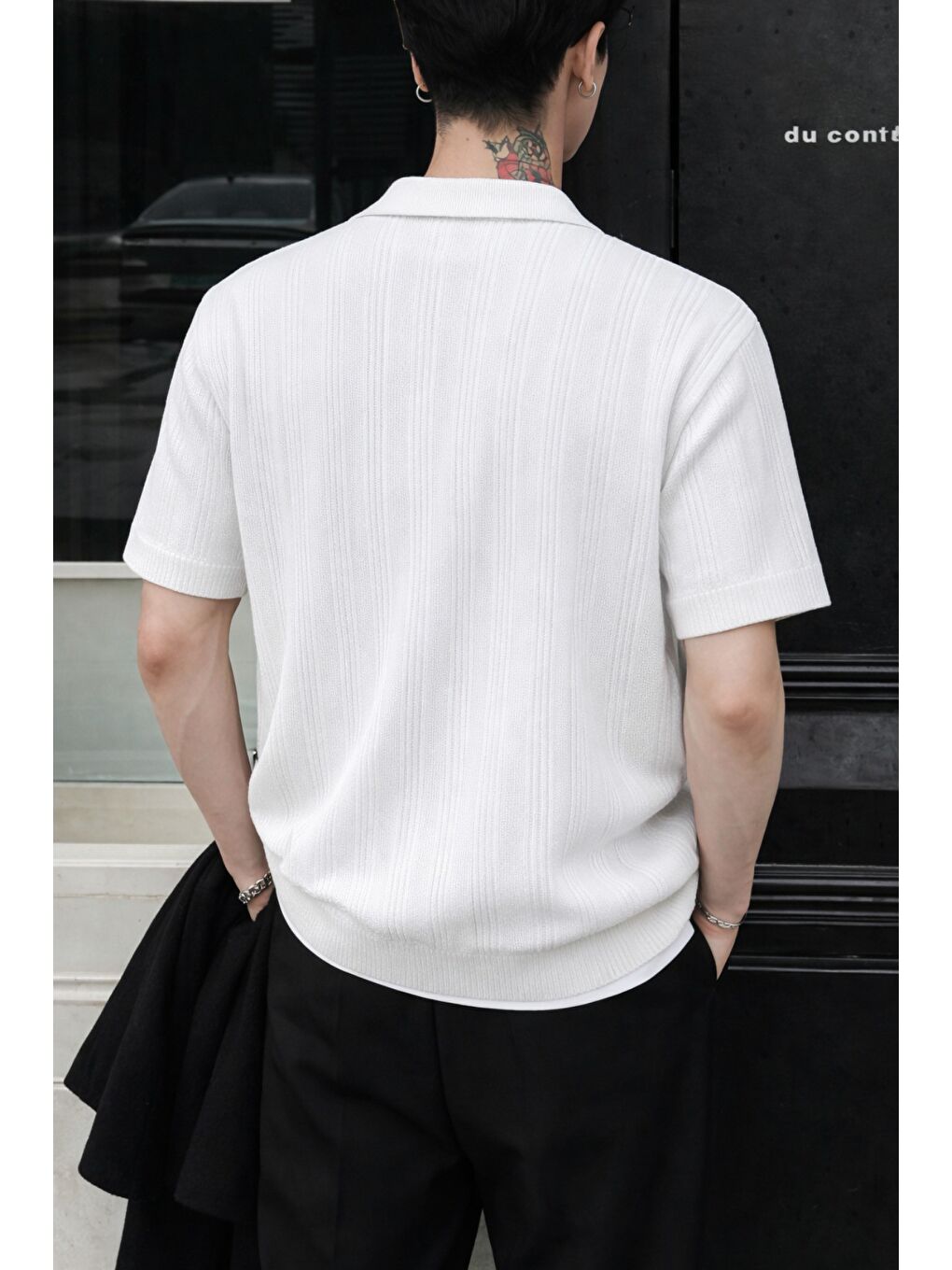 Beyaz Çizgili Erkek Triko Gömlek Yaka Hırka Yazlık Rahat Kesim-2