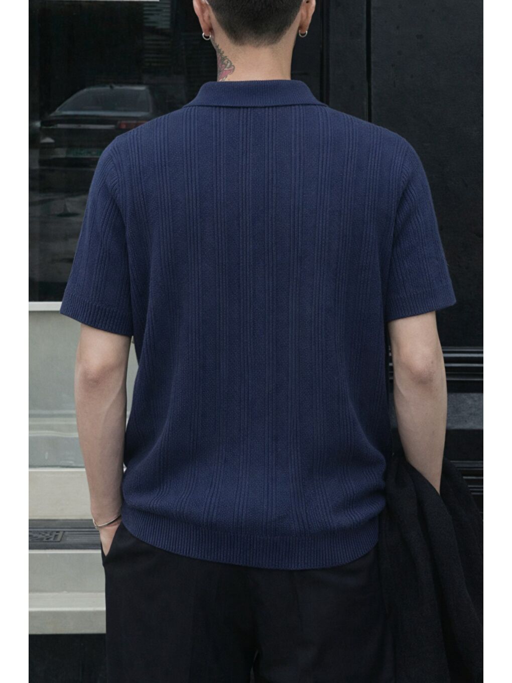 Lacivert Çizgili Erkek Triko Gömlek Yaka Hırka Yazlık Rahat Kesim-2