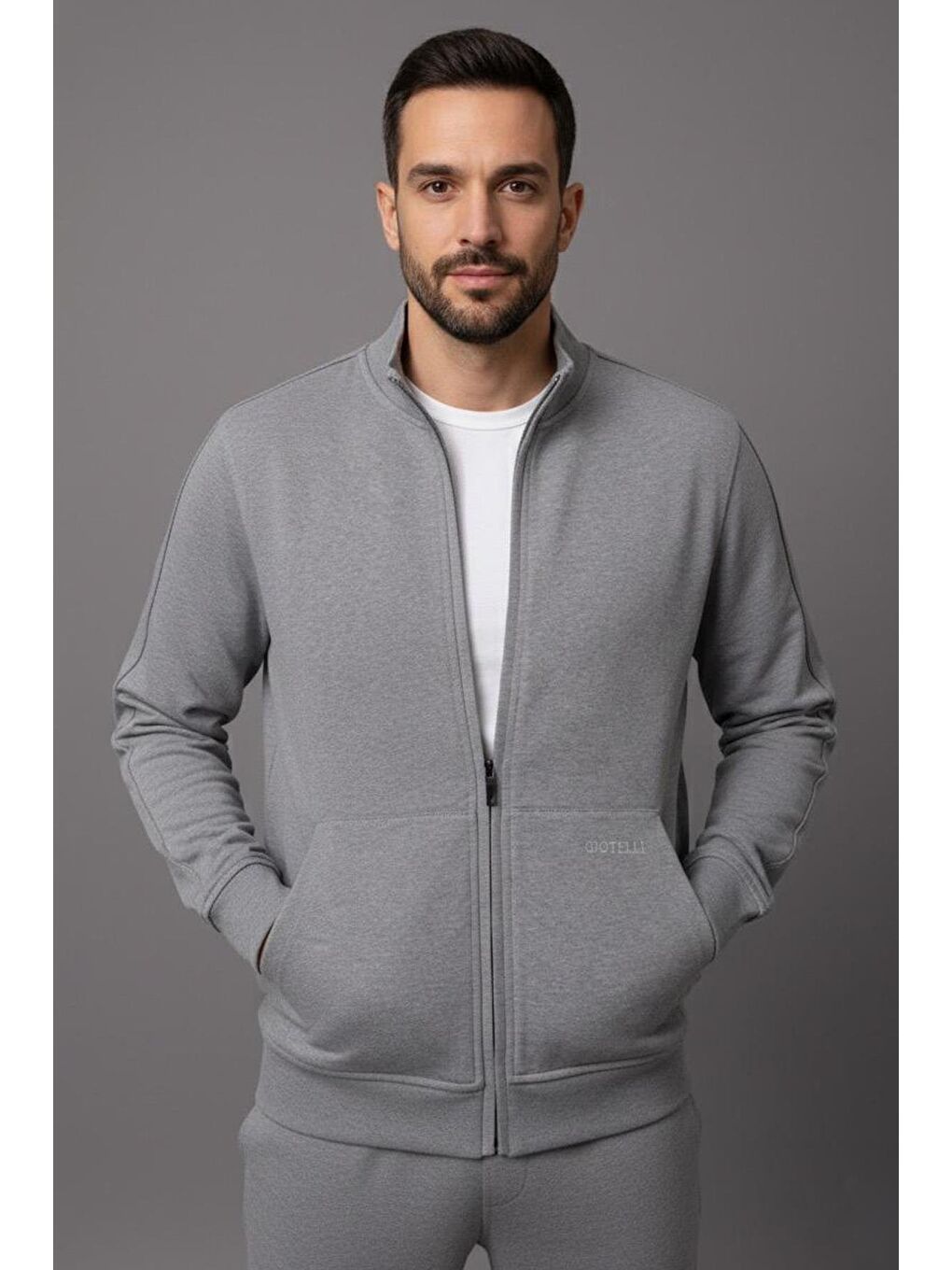 Gri Melanj Regular Fit Pamuklu Fermuarlı Eşofman Takımı-1