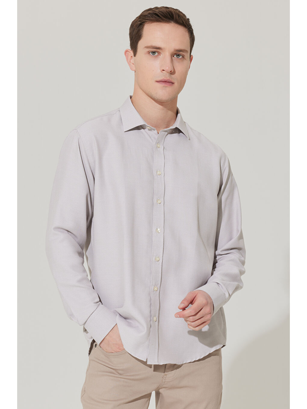 Erkek Bej Slim Fit Dar Kesim Klasik Yaka Pamuklu Armürlü Gömlek-3